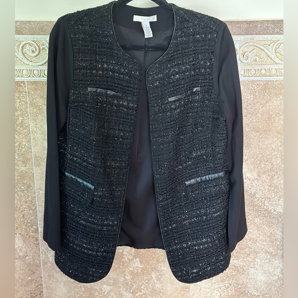Tweed black mixed media blazer from CHICO’s sz 1